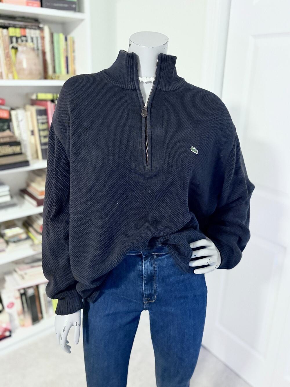 Lacoste Sweater Mens XL Navy Blue Cotton Knit 1/4 Zip Crocodile Logo Pullover